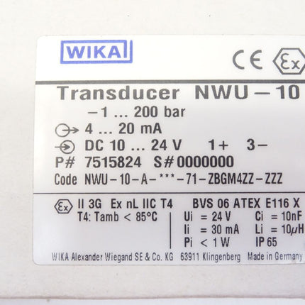 Wika Transducer NWU-10-1...200bar 7515824 / Neu OVP