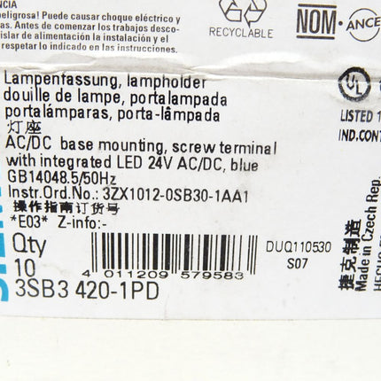 Siemens Lampenfassung 3SB3420-1PD / Inhalt : 10 Stück / Neu OVP