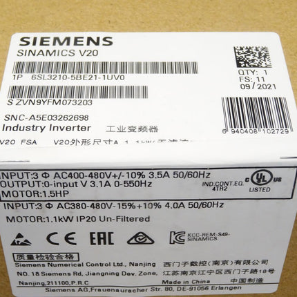 Siemens Sinamics V20 6SL3210-5BE21-1UV0 6SL3 210-5BE21-1UV0 / Neu OVP versiegelt