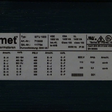 Ismet Transformatoren ISTU1600 / 713559 / Neu