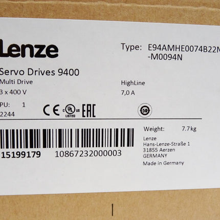 Lenze Servo Drives 9400 15199179 E94AMHE0074 7A 3x400V E94AMHE0074B22NNER-M0094N E94AYAB E94AYM22 E94AYCER E94AZPM0094N / Neu OVP versiegelt