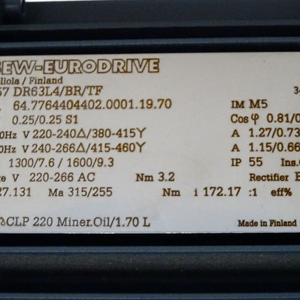 SEW Eurodrive Getriebemotor R57DR63L4/BR/TF R57 DR63L4/BR/TF 0.25kW 1300/7.6rpm 1600/9.3 i172.17 Unbenutzt