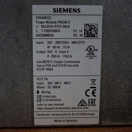 Siemens Sinamics Power Module PM240-2 6SL3210-1PE31-8AL0 90kW / Neuwertig