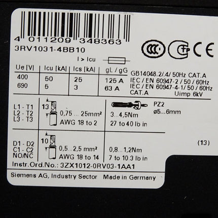 Siemens Sirius 3RV1031-4BB10 Leistungsschalter