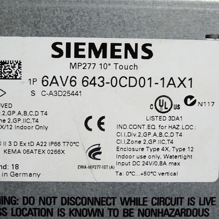 Siemens MP277 10" Touch Multi Panel 6AV6643-0CD01-1AX1 6AV6 643-0CD01-1AX1