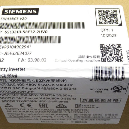 Siemens Sinamics V20 6SL3210-5BE32-2UV0 22kW / Neu OVP versiegelt