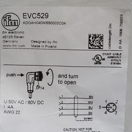 Ifm Electronic EVC529 Anschlusskabel mit Buchse ADOAH040MSS0002C04 / Neu OVP