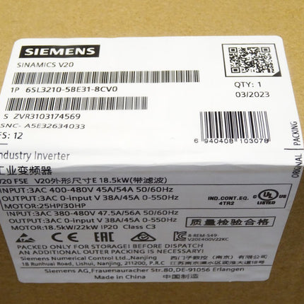 Siemens Sinamics V20 6SL3210-5BE31-8CV0 6SL3 210-5BE31-8CV0 / Neu OVP versiegelt