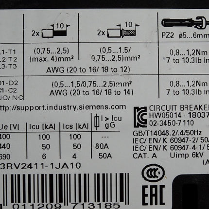 Siemens 3RV2411-1JA10 Leistungsschalter / Neuwertig