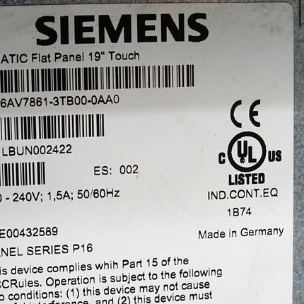 Siemens Flat Panel 19" 6AV7861-3TB00-0AA0 6AV7 861-3TB00-0AA0 Erneuert