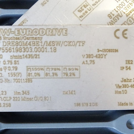 SEW Eurodrive Getriebemotor R57 DRE80M4BE1/MSW/CK0/TF 0.75kW i69.23 1435/21r/min Unbenutzt