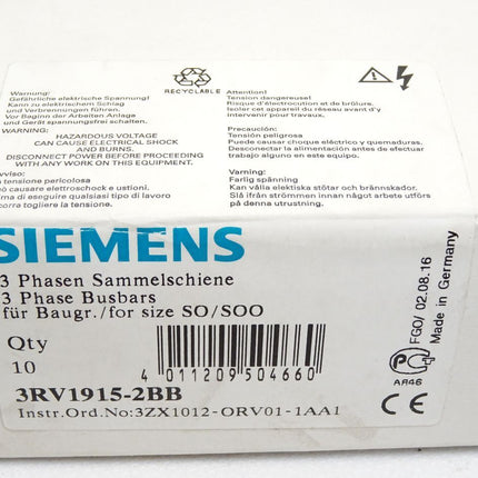 Siemens 3-Phasen Sammelschiene / 3RV1915-2BB /  Inhalt : 10 Stück / Neu OVP