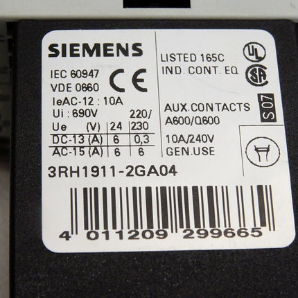 Siemens Hilfsschütz 3RH1140-2BB40 + 3RH1911-2GA04