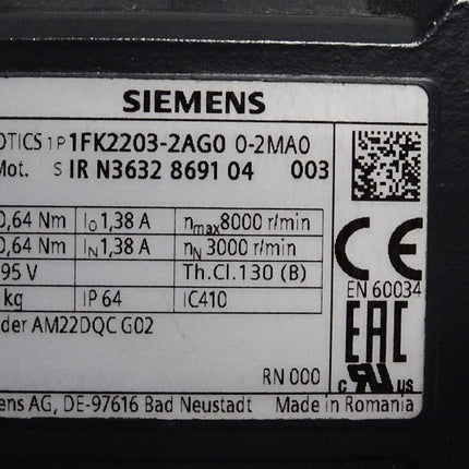 Siemens Simotics 1FK2203-2AG00-2MA0 Servomotor 3000 U/min