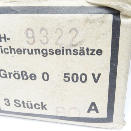 Ebamat NH-9322 Sicherungseinsätze NH0 80A 500V 0636/21 / 3 Stück / Neu OVP