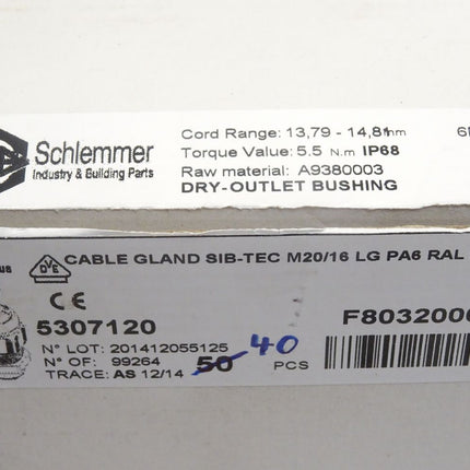 Schlemmer Cable Gland SIB-TEC M20/16 LG PA6 / 5307120 / Inhalt : 40 Stück / Neu OVP