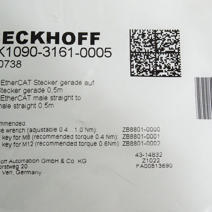 Beckhoff ZK1090-3161-0005 EtherCAT-Leitung 0.5m / Neu OVP