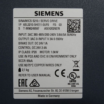 Siemens Sinamics S210 6SL3210-5HE11-0UF0 1.0kW / Neuwertig