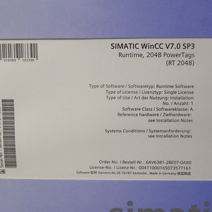 Siemens 6AV6381-2BE07-0AX0 6AV6 381-2BE07-0AX0 WinCC system software V7.0 SP3 Neu OVP