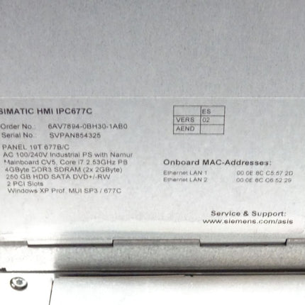 Siemens 6AV7894-0BH30-1AB0 Simatic HMI IPC677C 6AV7 894-0BH30-1AB0