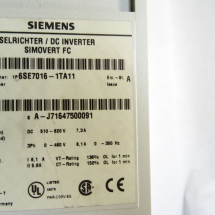 Siemens Simovert Wechselrichter 2.2kW 6SE7016-1TA11 6SE7090-0XX84-0AA1 6SE7090-0XX84-0AK0