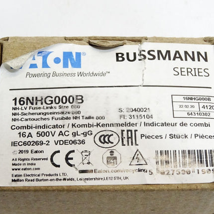 Eaton Bussmann 16NHG000B NH-Sicherungseinsätze 16A 500VAC gL/gG / inhalt:3 Stück / Neu OVP