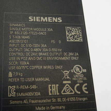 Siemens Sinamics Single Motor Module 30A 6SL3120-1TE23-0AC0 / Neuwertig - Top Zustand