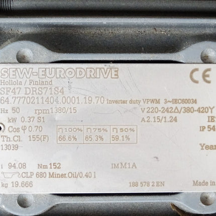 SEW Eurodrive Getriebemotor SF47DRS71S4 SF47 DRS71S4 1380/15rpm 0.37kW i94.08 Unbenutzt