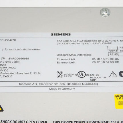 Siemens 6AV7240-3BC04-0HA0 Simatic IPC477D 6AV7 240-3BC04-0HA0 IPC 477D