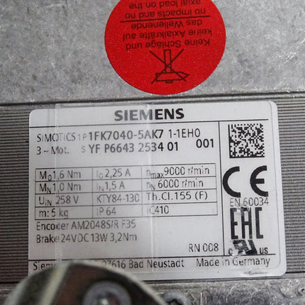 Siemens Simotics Servomotor 1FK7040-5AK71-1EH0 6000min-1 / Neu