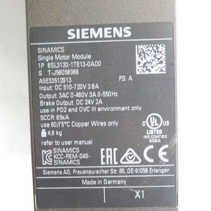 Siemens Sinamics Single Motor Module 6SL3120-1TE13-0AD0