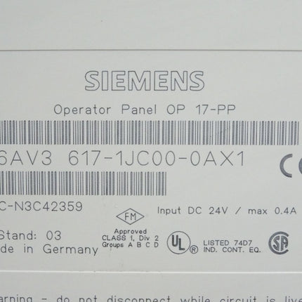 Siemens Panel OP17 6AV3617-1JC00-0AX1 6AV3 617-1JC00-0AX1