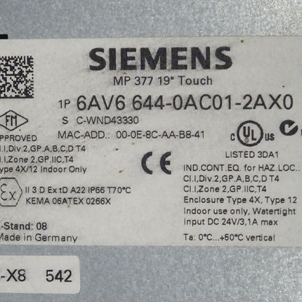 Siemens 6AV6644-0AC01-2AX0 MP 377 Touch Panel 6AV6 644-0AC01-2AX0 MP377 19"