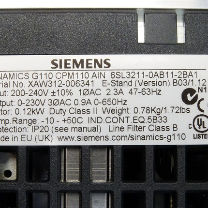 Siemens Sinamics Frequenzumrichter G110 CPM110 6SL3211-0AB11-2BA1 0.12kW