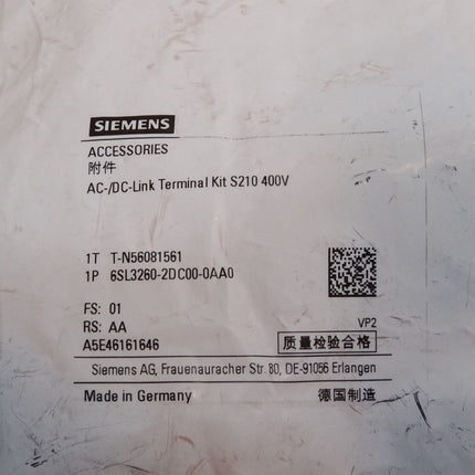 Siemens 6SL3260-2DC00-0AA0 SINAMICS S210 AC- und DC-Link Steckersatz / Neu OVP