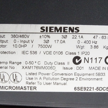 Siemens Micromaster 6SE9221-5DC50 7.5kW / Unbenutzt