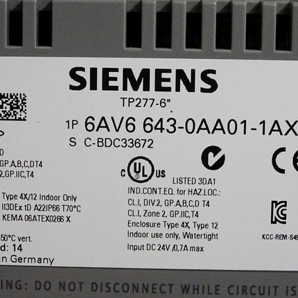 Siemens Panel TP277 -6" 6AV6643-0AA01-1AX0 6AV6 643-0AA01-1AX0