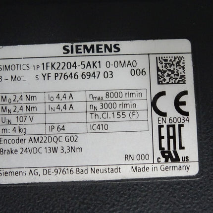 Siemens Simotics Servomotor 1FK2204-5AK10-0MA0 3000r/min / Unbenutzt