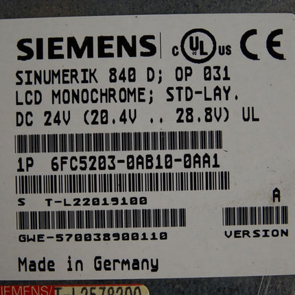 Siemens Sinumerik 840D MMC103 6FC5210-0DA20-2AA1 6FC5203-0AB10-0AA1