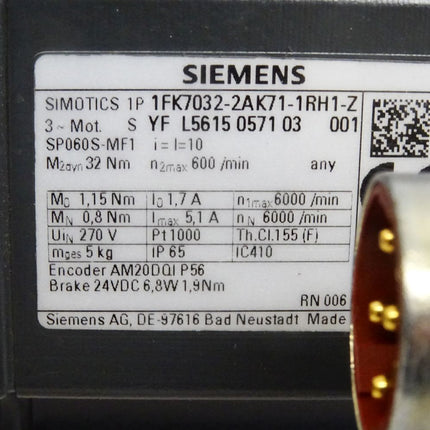 Siemens Simotics Servomotor 1FK7032-2AK71-1RH1-Z 6000min-1