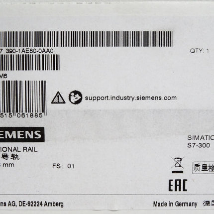 Siemens S7-300 Sectional Rail Profilschiene 482,6 mm 6ES7390-1AE80-0AA0 6ES7 390-1AE80-0AA0 / Neu OVP versiegelt