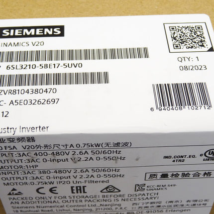 Siemens Sinamics V20 6SL3210-5BE17-5UV0 6SL3 210-5BE17-5UV0 / Neu OVP versiegelt