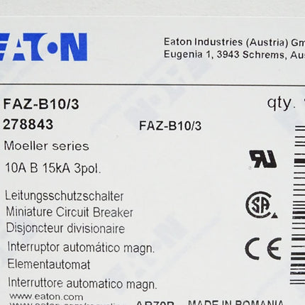 Eaton Leitungsschutzschalter FAZ-B10/3 278843 / Neu OVP