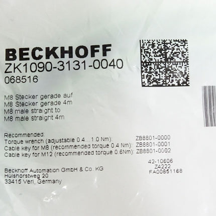 Beckhoff ZK1090-3131-0040 EtherCAT-Leitung 4m / Neu OVP