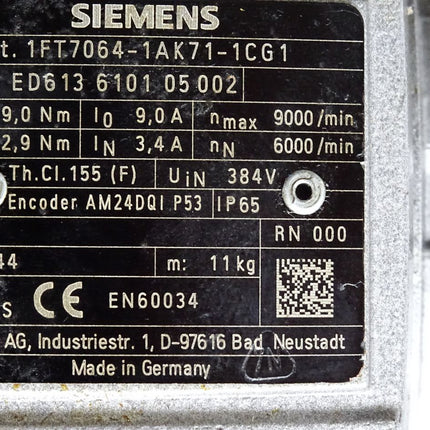 Siemens 1FT7064-1AK71-1CG1 SIMOTICS S Synchronmotor 1FT7NN=6000U/min PN=2,59kW Servomotor