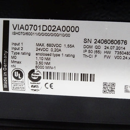 Schneider Electric Servomotor VIA0701D02A0000 ISH070/60011/0/0/00/10/00 6000min-1 0/00/