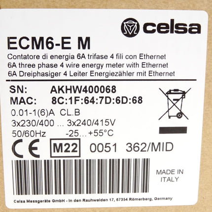 Celsa Messgeräte ECM6-E M 6A Dreiphasiger 4 Leiter Energiezähler mit Ethernet