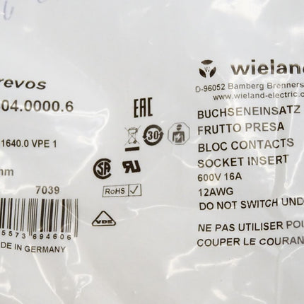 Wieland 99.604.0000.6 70.300.1640.0 Buchseneinsatz / Neu OVP