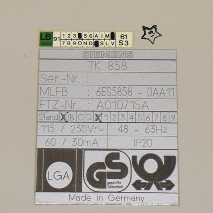 Siemens TK858 6ES5858-0AA11 / 6ES5 858-0AA11