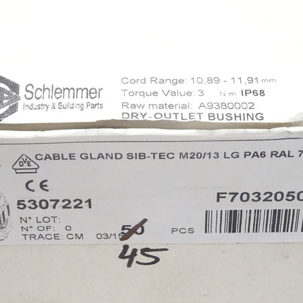 Schlemmer Cable Gland SIB-TEC M20/13 LG PA6 / 5307221 / Inhalt : 45 Stück / Neu OVP